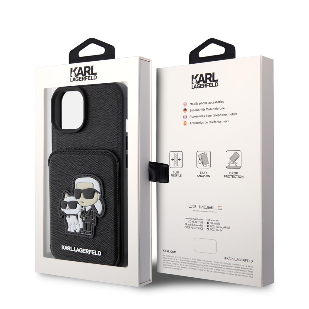 Apple iPhone 15 Karl Lagerfeld PU Saffiano Card Slot Stand Karl and Choupette tok (Fekete) – KLHCP15SSAKCSCK
