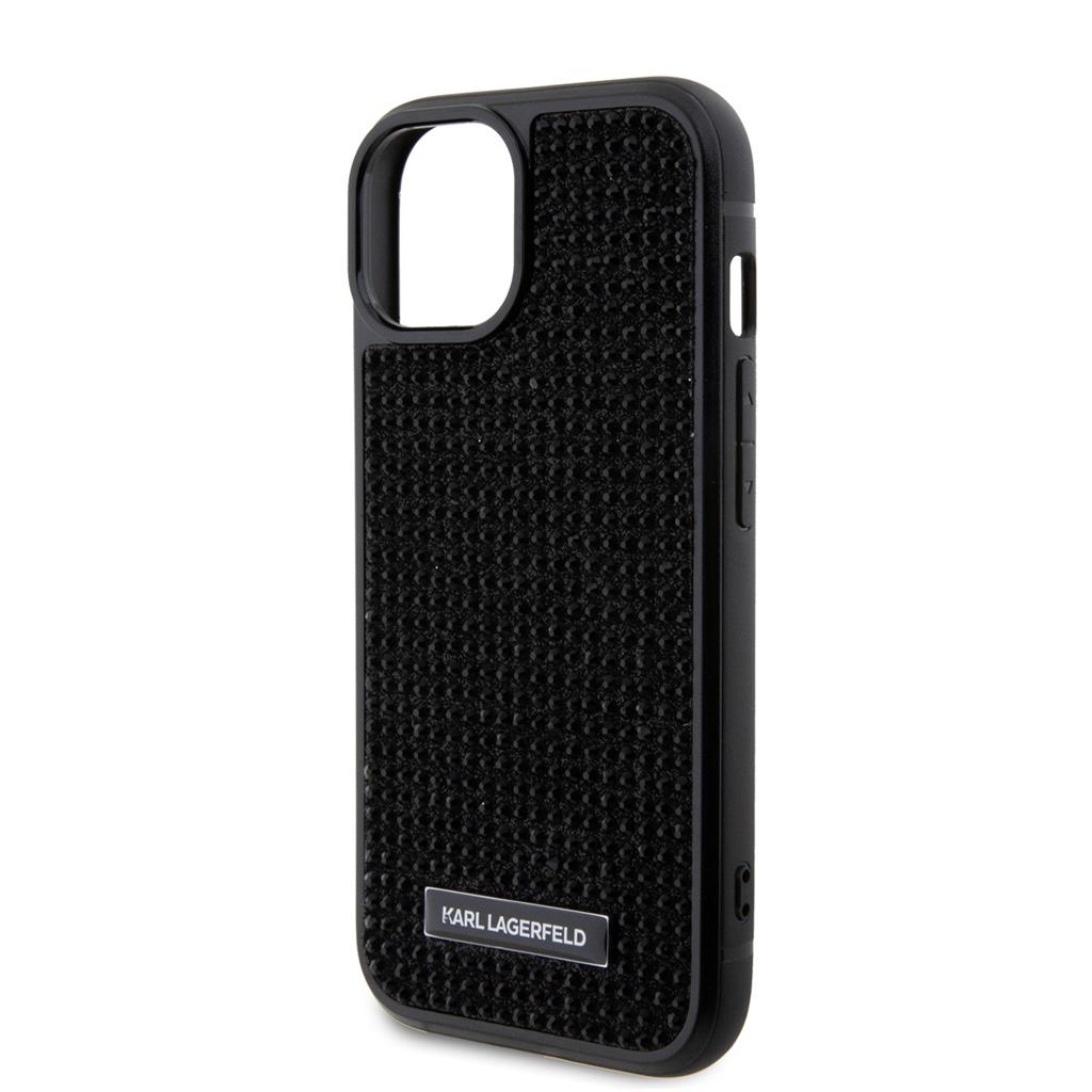 Apple iPhone 15 Karl Lagerfeld Rhinestone Plate Metal Logo tok (Fekete) – KLHCP15SHDSPLK