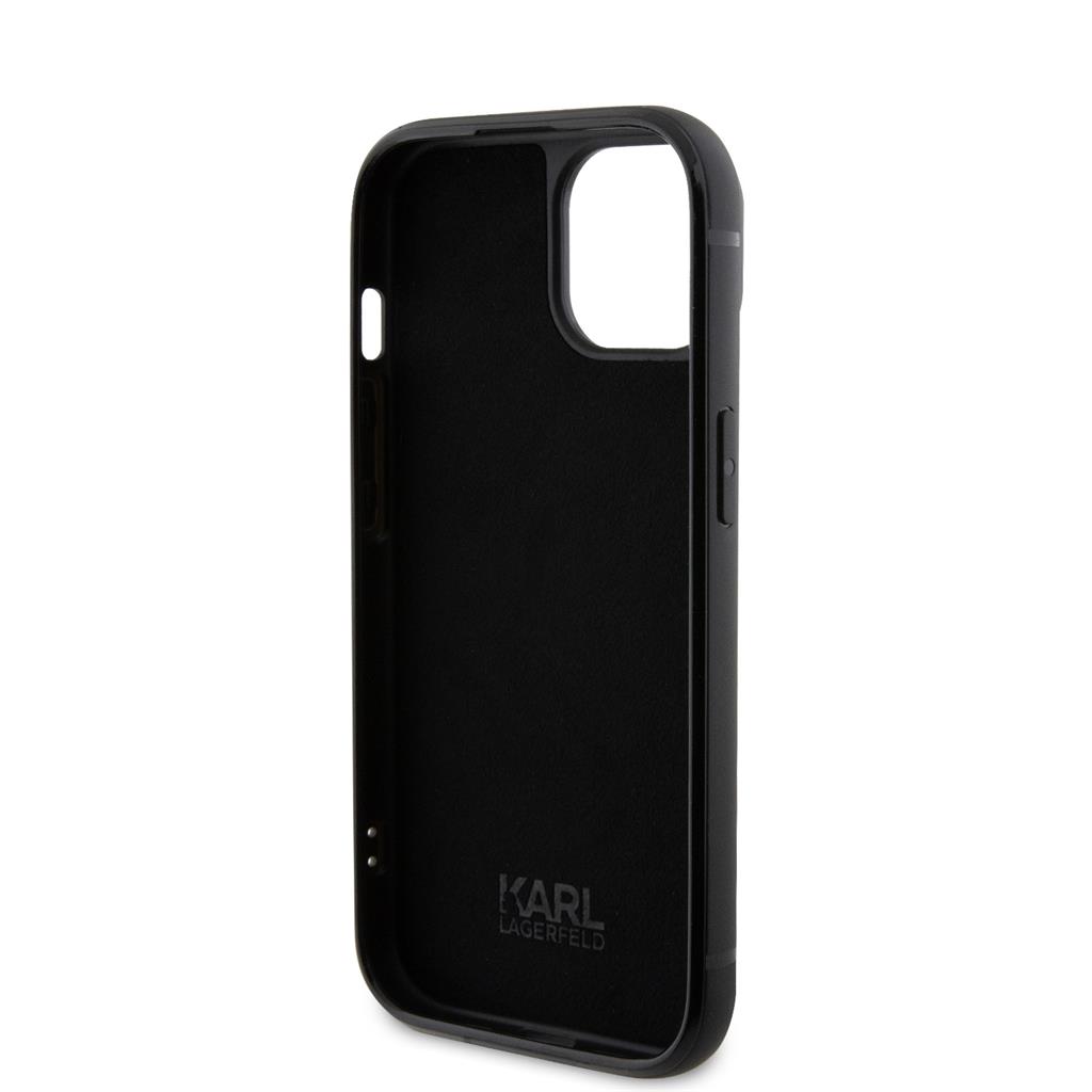 Apple iPhone 15 Karl Lagerfeld Rhinestone Plate Metal Logo tok (Fekete) – KLHCP15SHDSPLK
