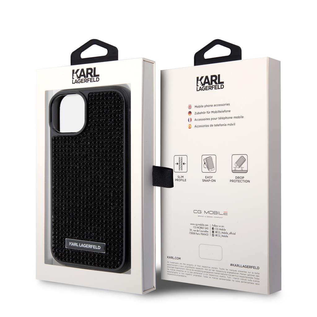 Apple iPhone 15 Karl Lagerfeld Rhinestone Plate Metal Logo tok (Fekete) – KLHCP15SHDSPLK