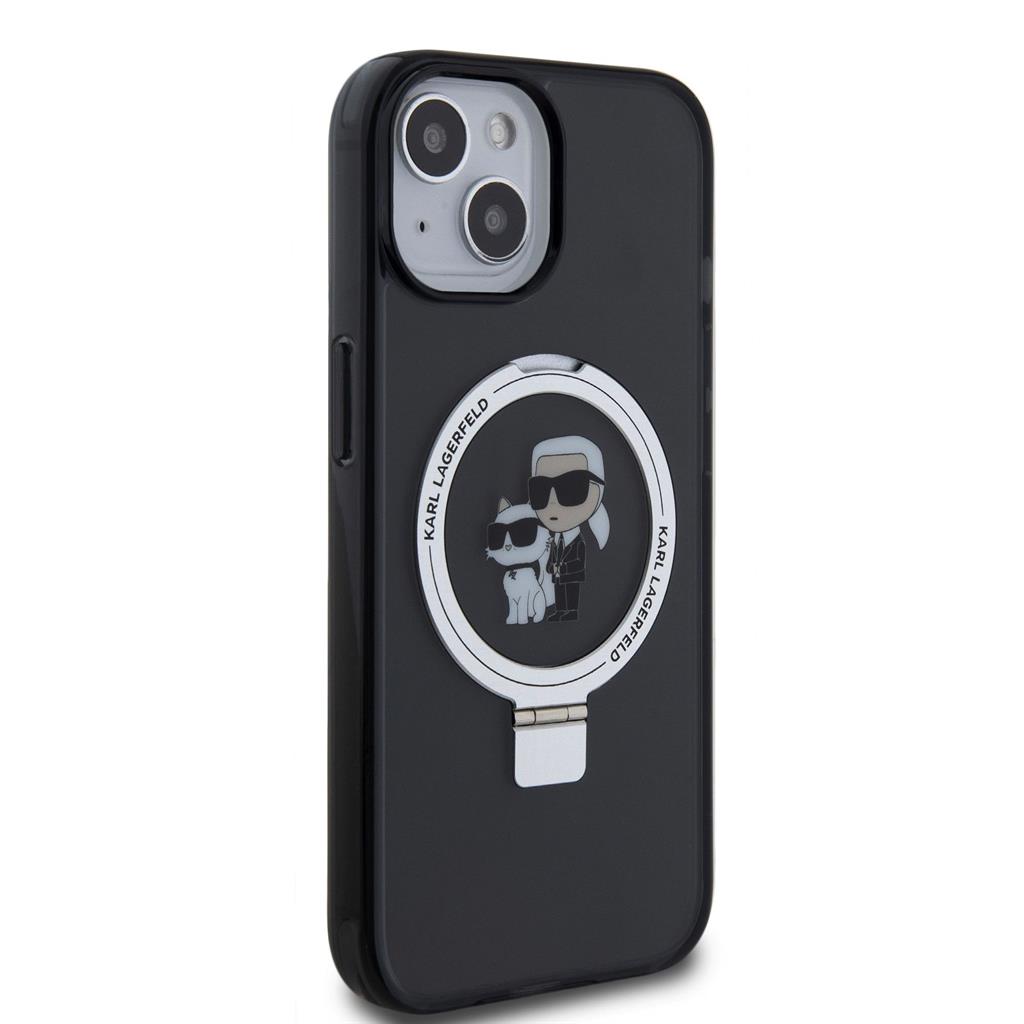 Apple iPhone 15 Karl Lagerfeld Ringstand Karl and Choupette MagSafe tok (Fekete) – KLHMP15SHMRSKCK