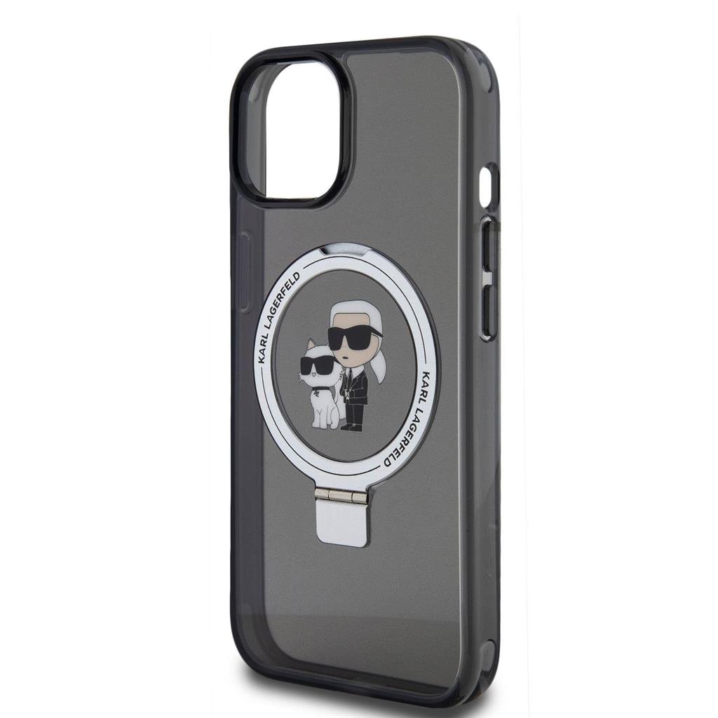 Apple iPhone 15 Karl Lagerfeld Ringstand Karl and Choupette MagSafe tok (Fekete) – KLHMP15SHMRSKCK