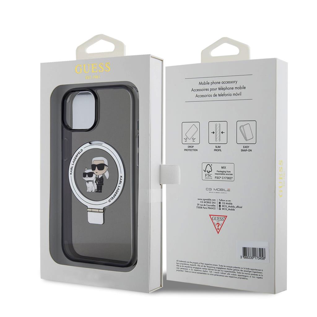 Apple iPhone 15 Karl Lagerfeld Ringstand Karl and Choupette MagSafe tok (Fekete) – KLHMP15SHMRSKCK