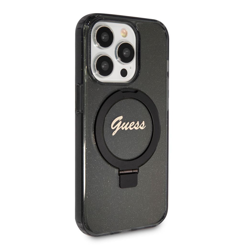 Apple iPhone 15 Pro Guess IML Ring Stand Glitter MagSafe tok (Fekete) - GUHMP15LHRSGSK
