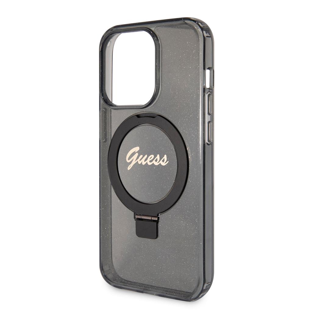 Apple iPhone 15 Pro Guess IML Ring Stand Glitter MagSafe tok (Fekete) - GUHMP15LHRSGSK