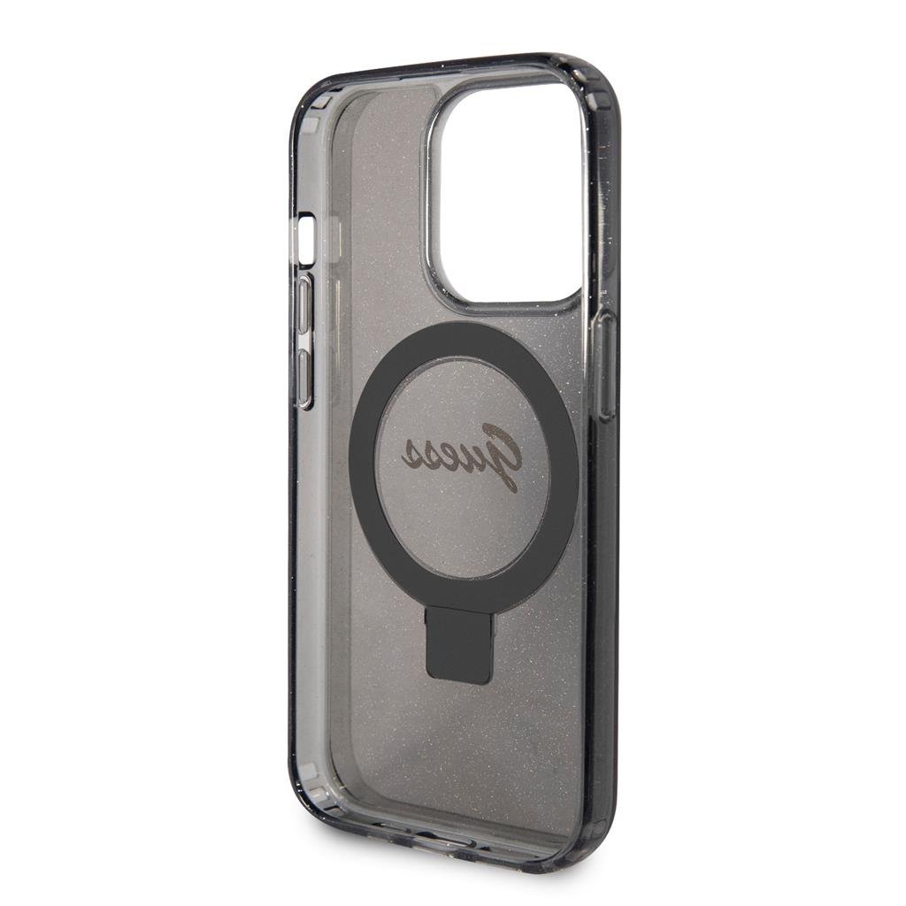 Apple iPhone 15 Pro Guess IML Ring Stand Glitter MagSafe tok (Fekete) - GUHMP15LHRSGSK