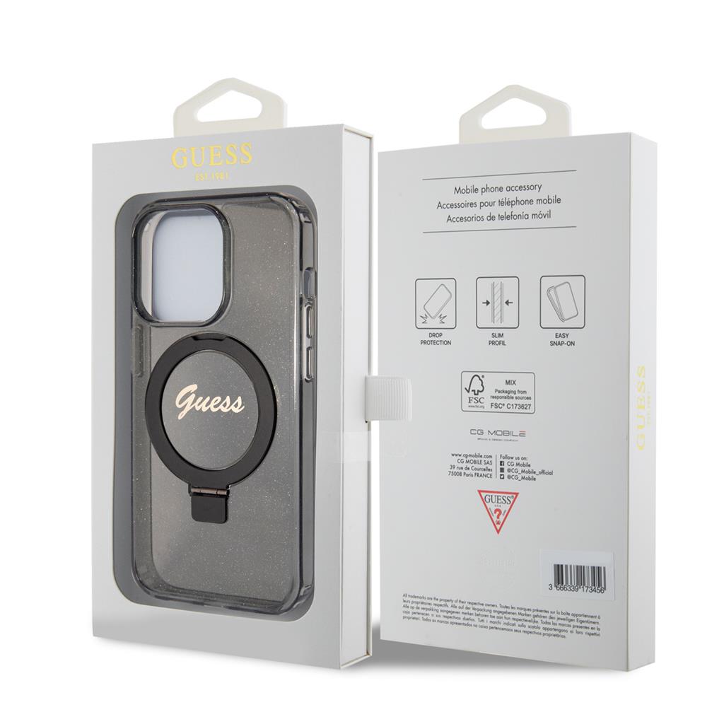 Apple iPhone 15 Pro Guess IML Ring Stand Glitter MagSafe tok (Fekete) - GUHMP15LHRSGSK