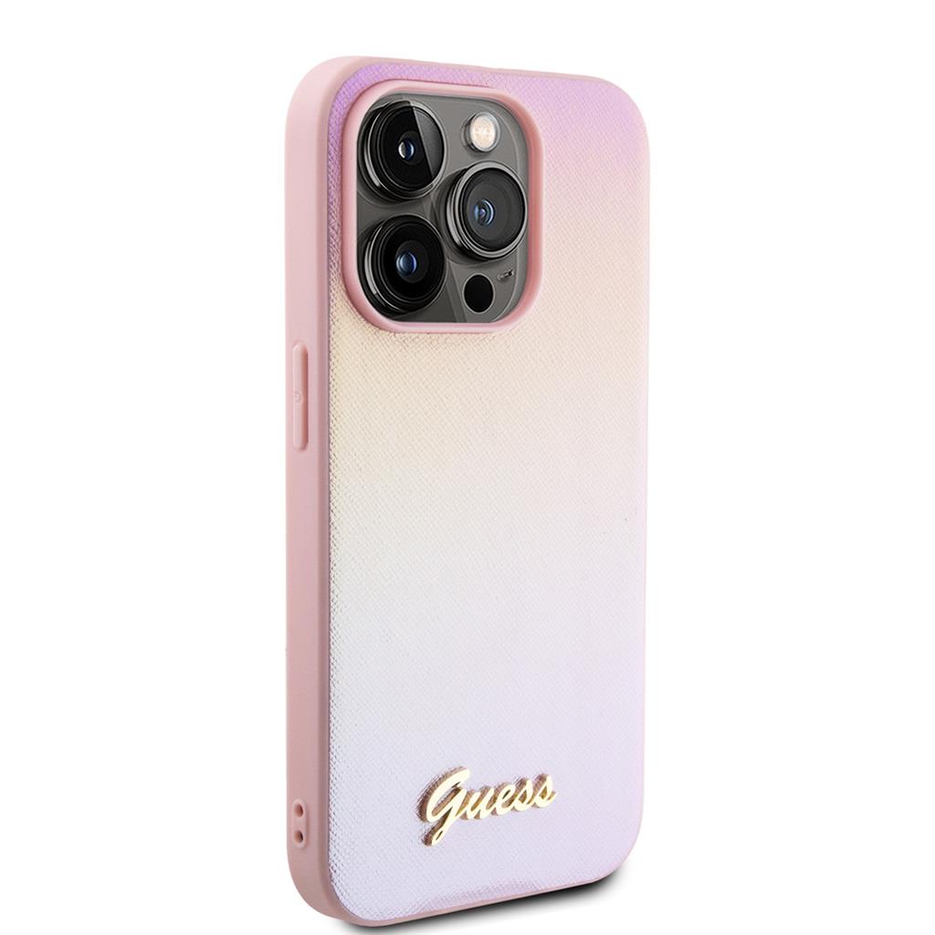 Apple iPhone 15 Pro Guess PU Leather Iridescent Metal Script tok (Rózsaszín) - GUHCP15LPSAIRSP
