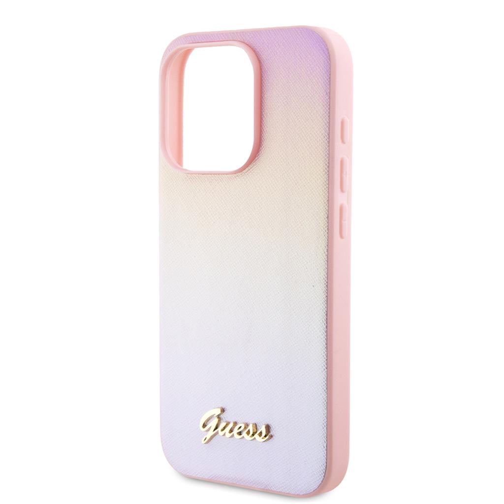 Apple iPhone 15 Pro Guess PU Leather Iridescent Metal Script tok (Rózsaszín) - GUHCP15LPSAIRSP
