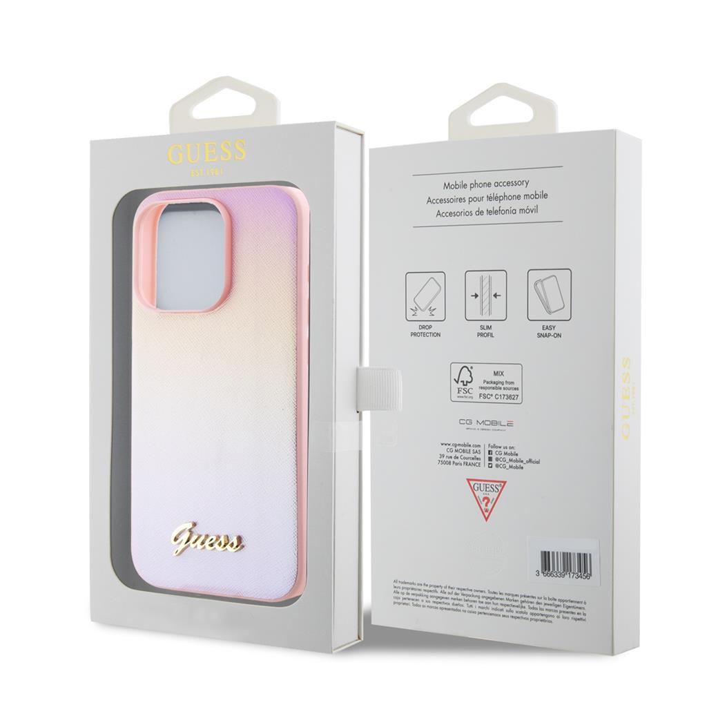 Apple iPhone 15 Pro Guess PU Leather Iridescent Metal Script tok (Rózsaszín) - GUHCP15LPSAIRSP