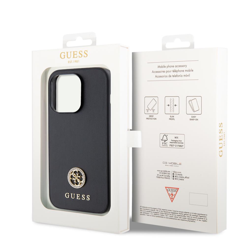Apple iPhone 15 Pro Guess PU 4G Strass Metal Logo tok (Fekete) - GUHCP15LPS4DGPK