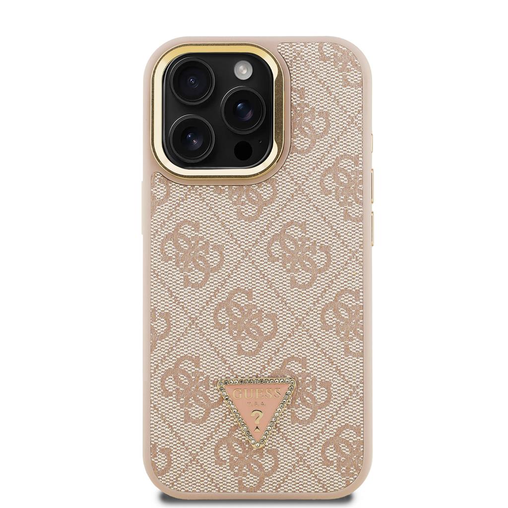 Apple iPhone 15 Pro Guess PU 4G Strass Triangle Logo Stand Camera Frame MagSafe tok (Rózsaszín) - GUHMP15LPCS4GPTP