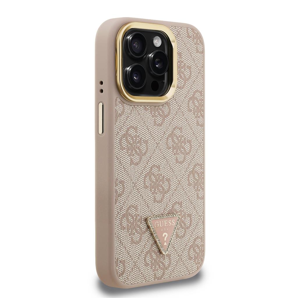 Apple iPhone 15 Pro Guess PU 4G Strass Triangle Logo Stand Camera Frame MagSafe tok (Rózsaszín) - GUHMP15LPCS4GPTP