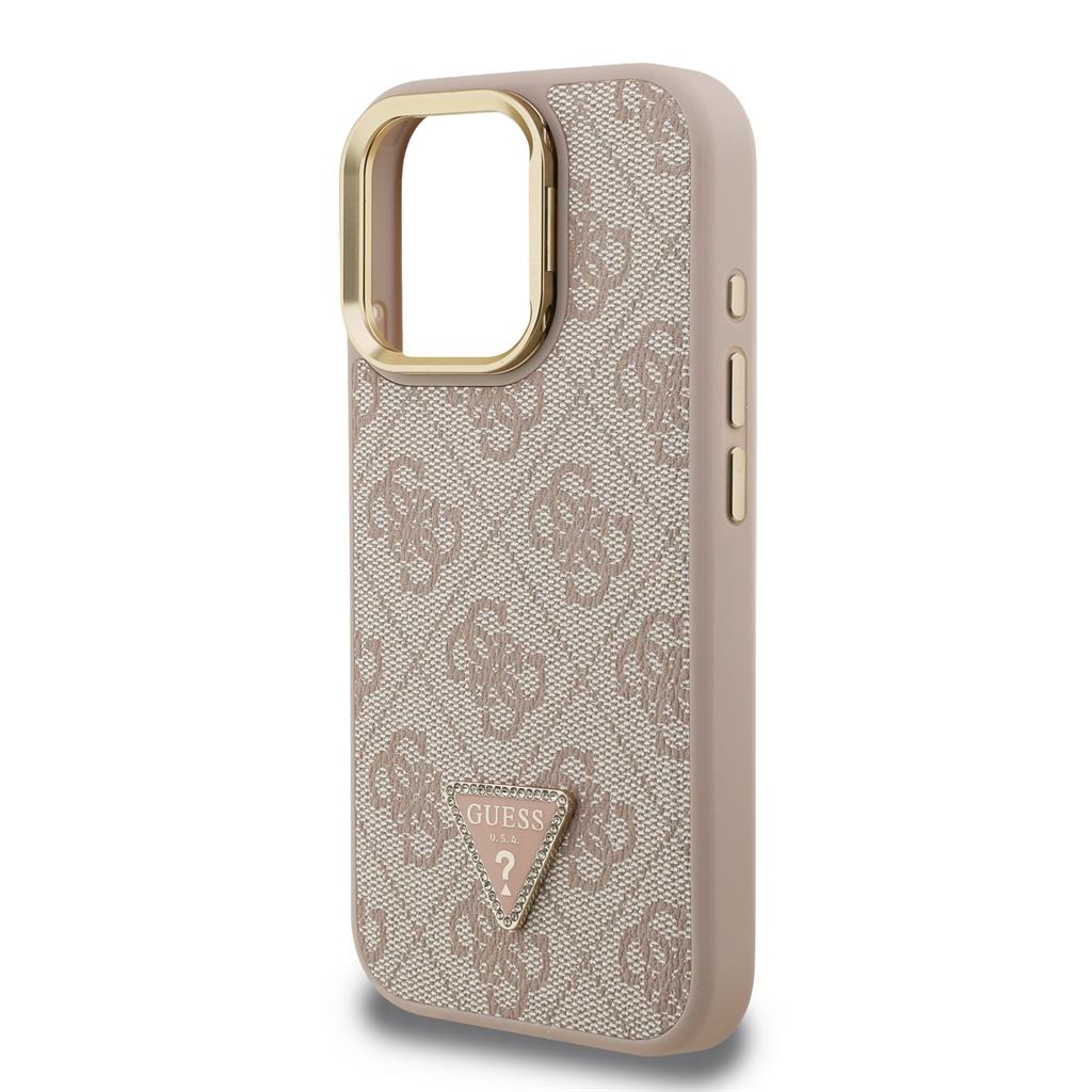 Apple iPhone 15 Pro Guess PU 4G Strass Triangle Logo Stand Camera Frame MagSafe tok (Rózsaszín) - GUHMP15LPCS4GPTP