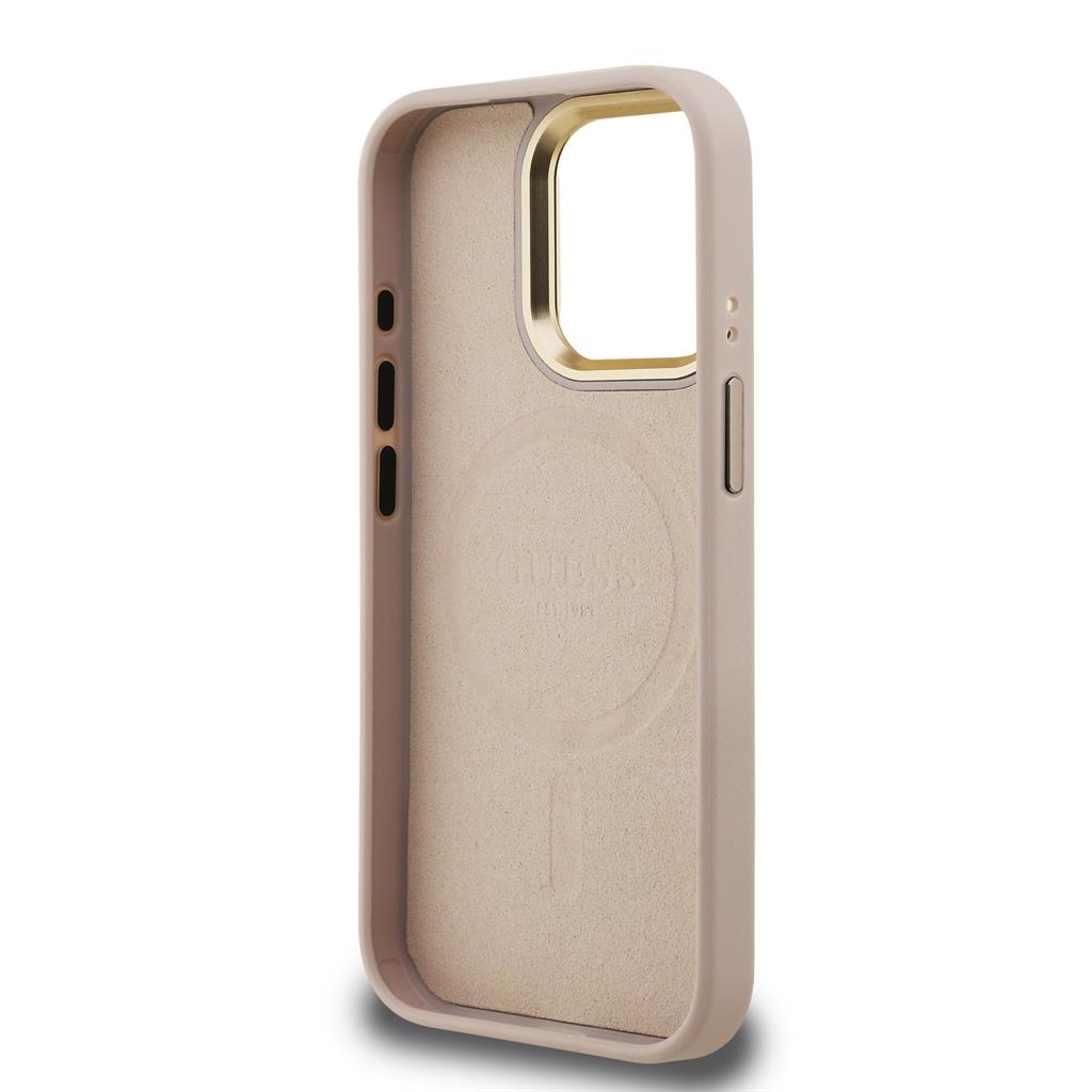 Apple iPhone 15 Pro Guess PU 4G Strass Triangle Logo Stand Camera Frame MagSafe tok (Rózsaszín) - GUHMP15LPCS4GPTP