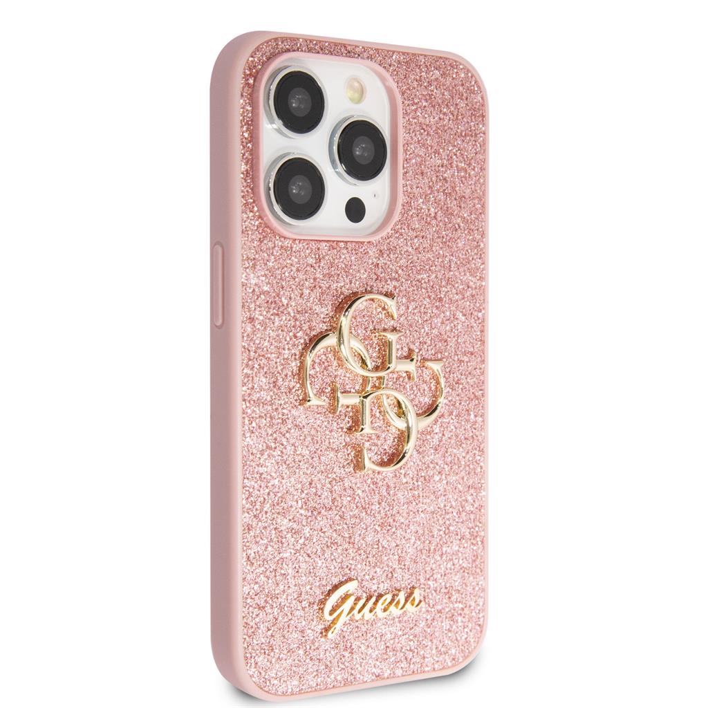 Apple iPhone 15 Pro Guess PU Fixed Glitter 4G Metal Logo tok (Rózsaszín) - GUHCP15LHG4SGP