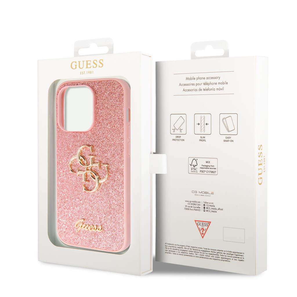 Apple iPhone 15 Pro Guess PU Fixed Glitter 4G Metal Logo tok (Rózsaszín) - GUHCP15LHG4SGP