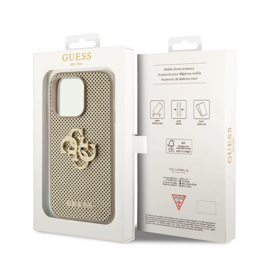 Apple iPhone 15 Pro Guess PU Perforált 4G Glitter Metal Logo tok (Arany) - GUHCP15LPSP4LGD