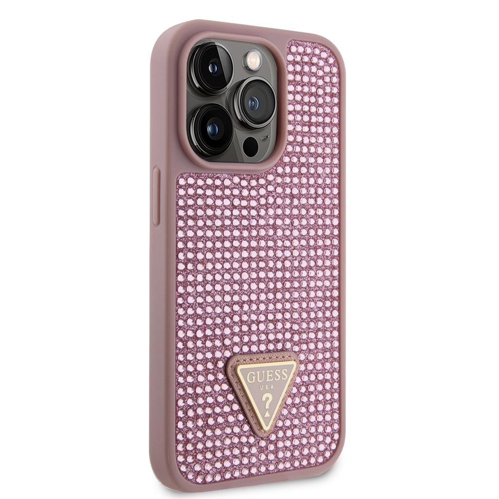 Apple iPhone 15 Pro Guess Rhinestones Triangle Metal Logo tok (Rózsaszín) - GUHCP15LHDGTPP