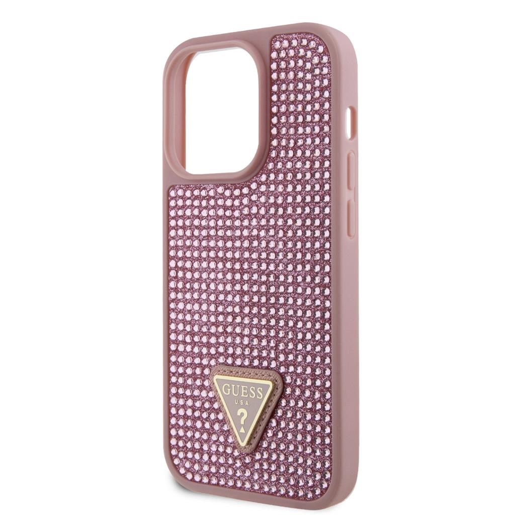 Apple iPhone 15 Pro Guess Rhinestones Triangle Metal Logo tok (Rózsaszín) - GUHCP15LHDGTPP