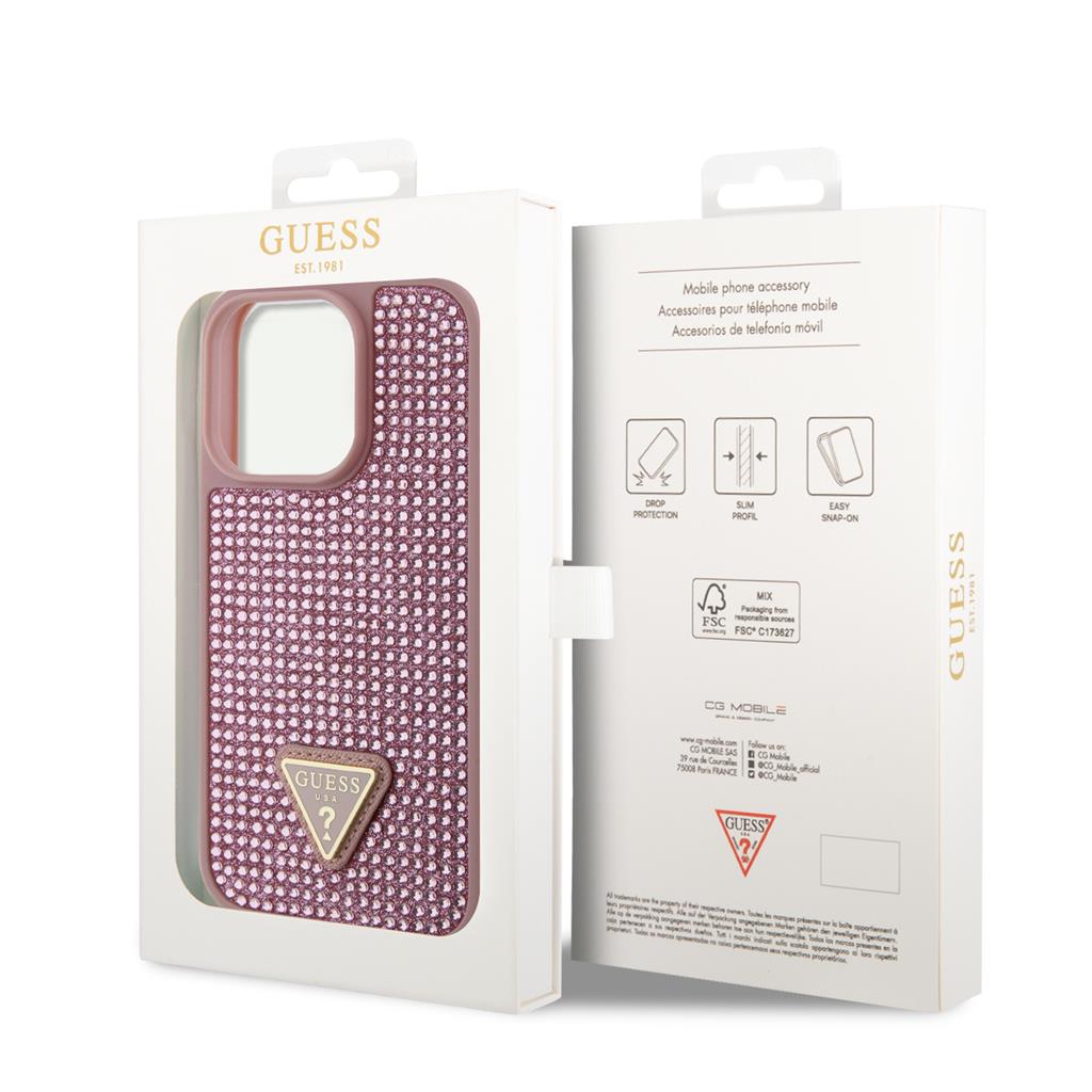 Apple iPhone 15 Pro Guess Rhinestones Triangle Metal Logo tok (Rózsaszín) - GUHCP15LHDGTPP