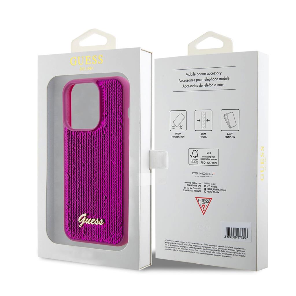 Apple iPhone 15 Pro Guess Sequin Script Logo tok (Magenta) - GUHCP15LPSFDGSF