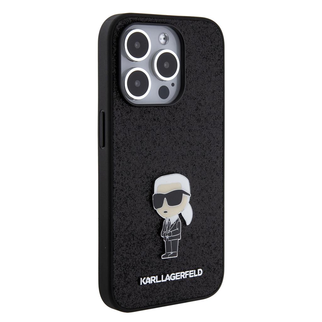 Apple iPhone 15 Pro Karl Lagerfeld Fixed Glitter Metal Ikonik tok (Fekete) – KLHCP15LGKNPSK