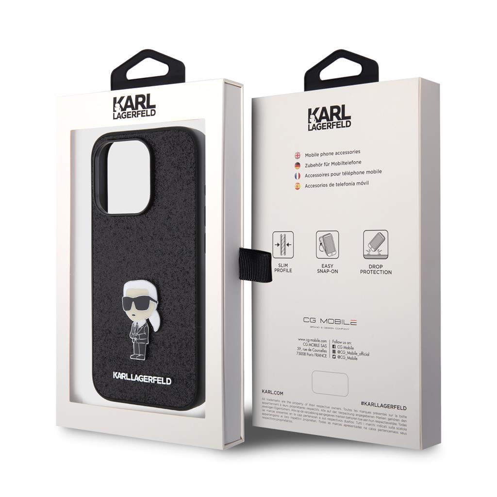 Apple iPhone 15 Pro Karl Lagerfeld Fixed Glitter Metal Ikonik tok (Fekete) – KLHCP15LGKNPSK