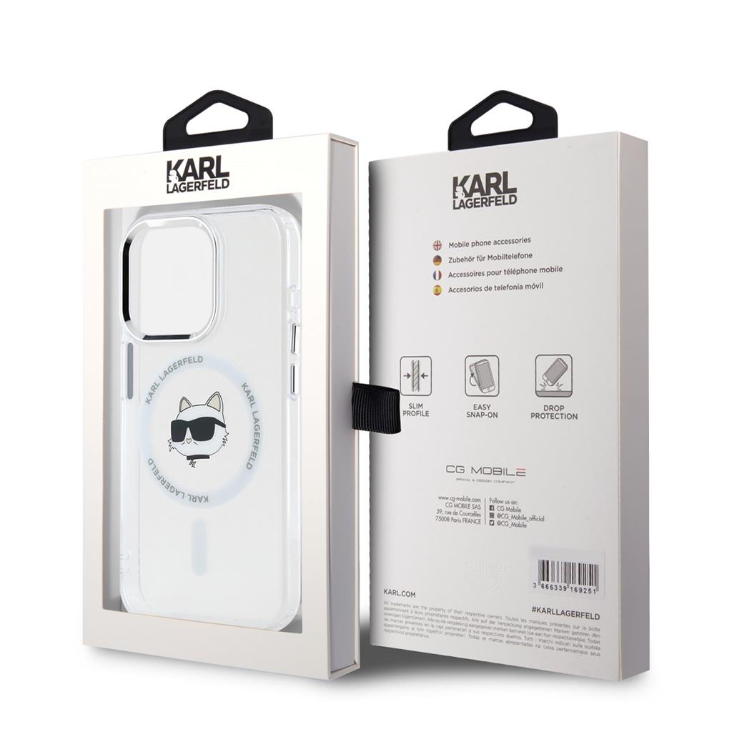 Apple iPhone 15 Pro Karl Lagerfeld IML Choupette Head Metal Frame MagSafe tok (Átlátszó) – KLHMP15LHLSCHH