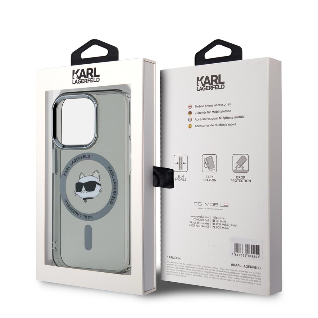 Apple iPhone 15 Pro Karl Lagerfeld IML Choupette Head Metal Frame MagSafe tok (Fekete) – KLHMP15LHLSCHK