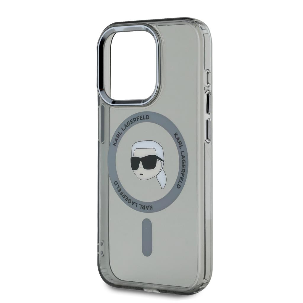 Apple iPhone 15 Pro Karl Lagerfeld IML Karl Head Metal Frame MagSafe tok (Fekete) – KLHMP15LHLSKIK