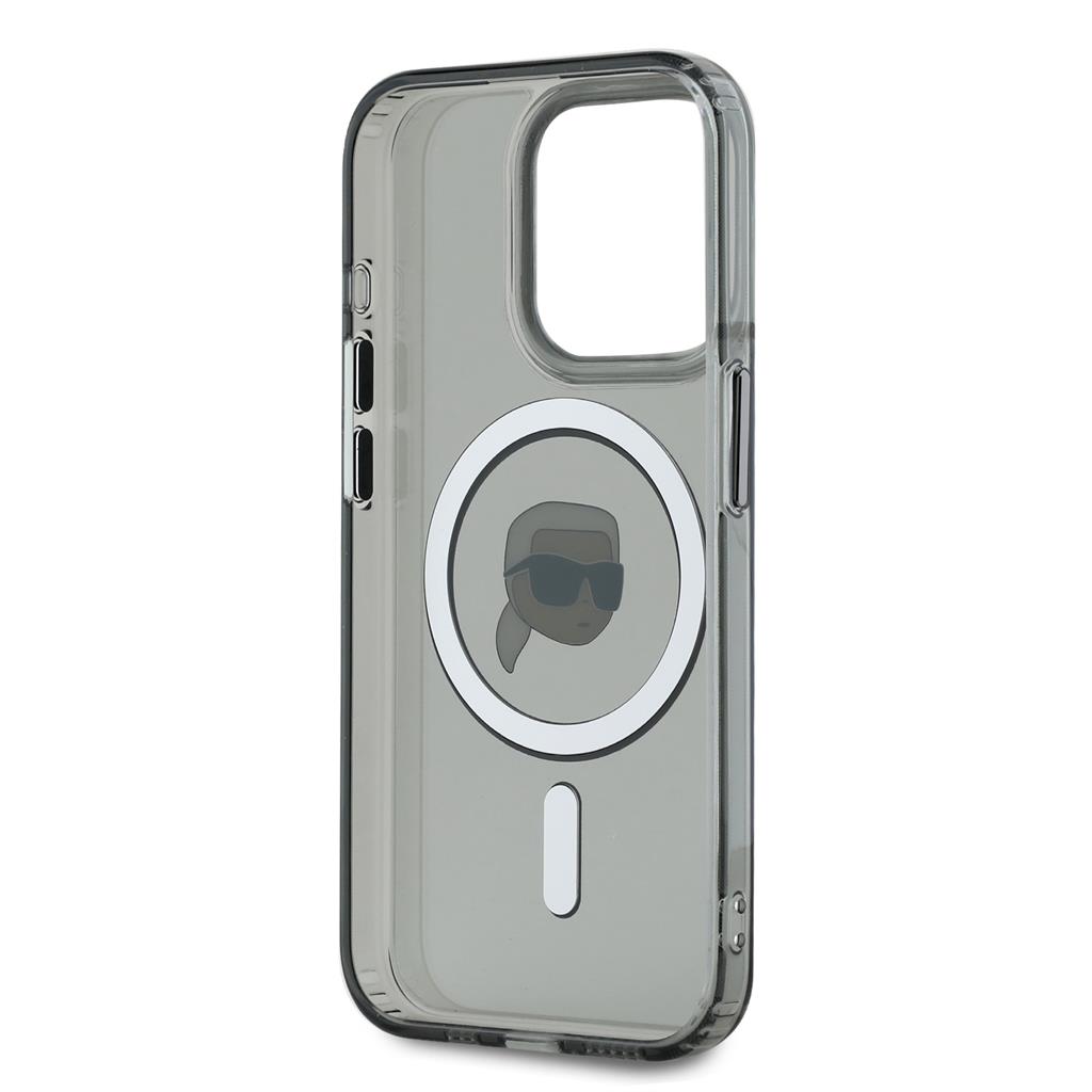 Apple iPhone 15 Pro Karl Lagerfeld IML Karl Head Metal Frame MagSafe tok (Fekete) – KLHMP15LHLSKIK