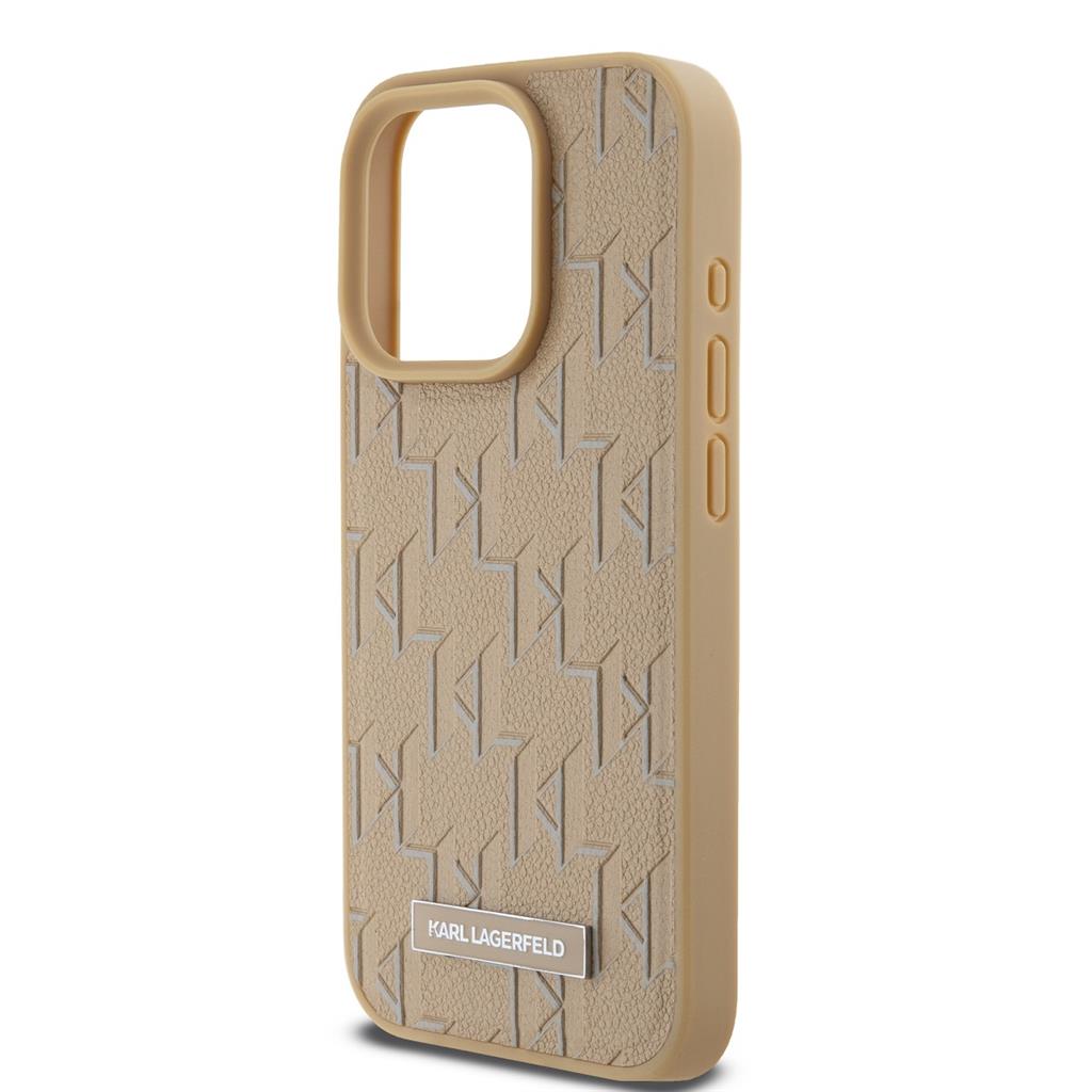 Apple iPhone 15 Pro Karl Lagerfeld PU Leather Monogram Metal Logo MagSafe tok (Bézs) – KLHMP15LPKHPORPE