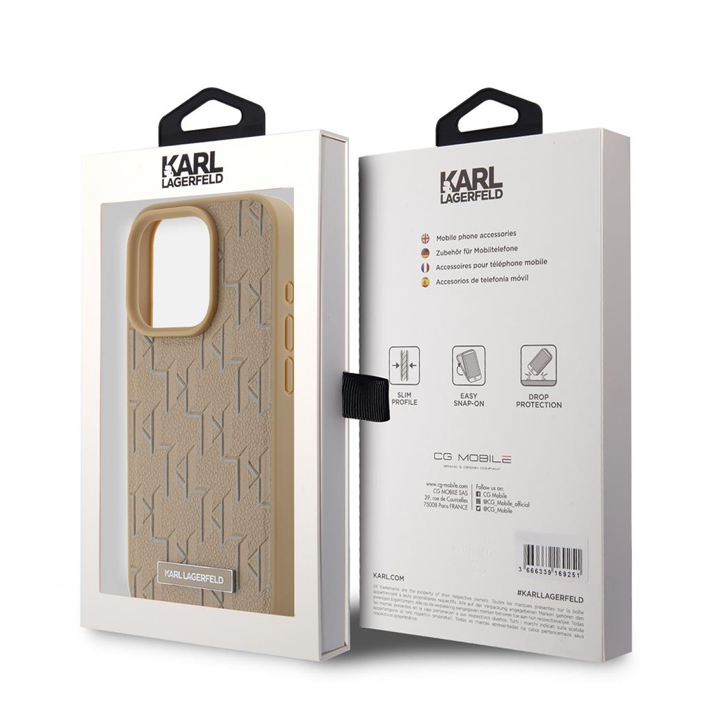 Apple iPhone 15 Pro Karl Lagerfeld PU Leather Monogram Metal Logo MagSafe tok (Bézs) – KLHMP15LPKHPORPE
