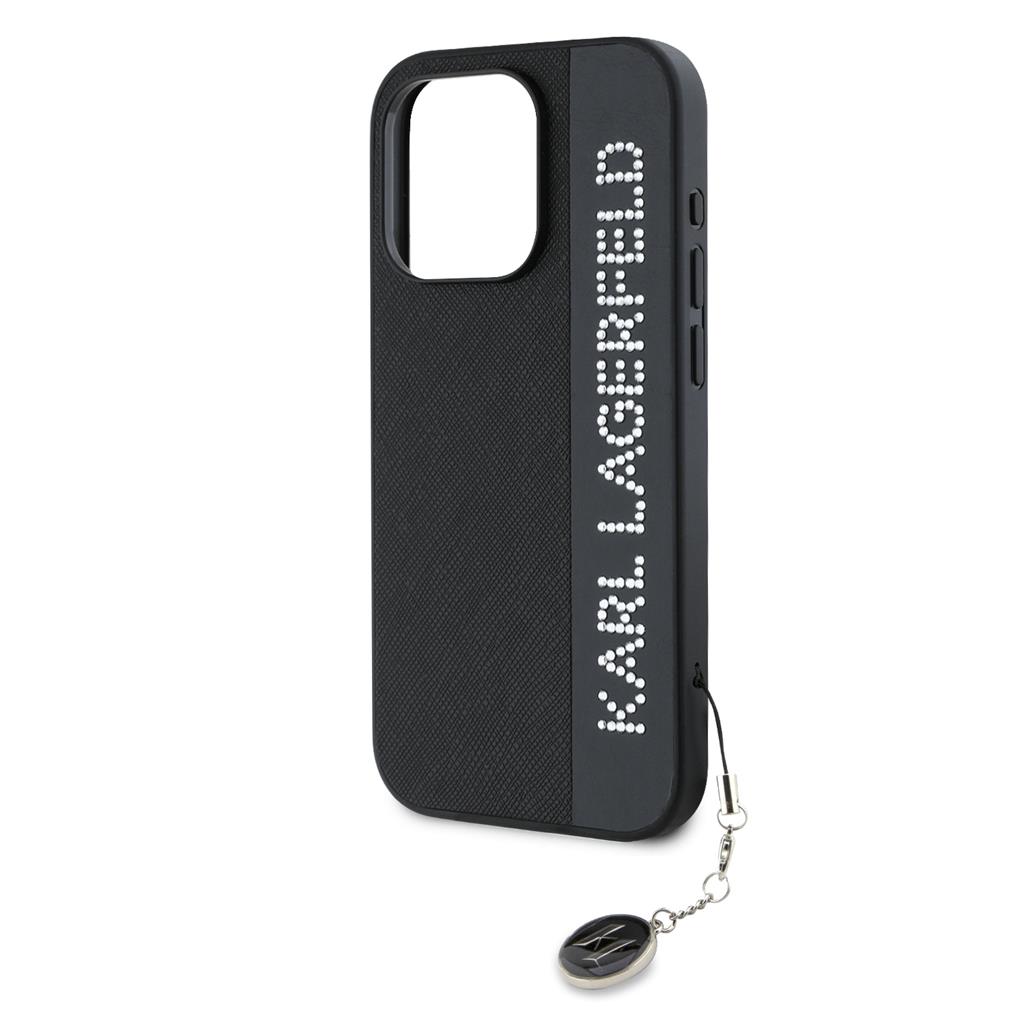 Apple iPhone 15 Pro Karl Lagerfeld PU Saffiano Rhinestone Charm tok (Fekete) – KLHCP15LPSAKDGCK