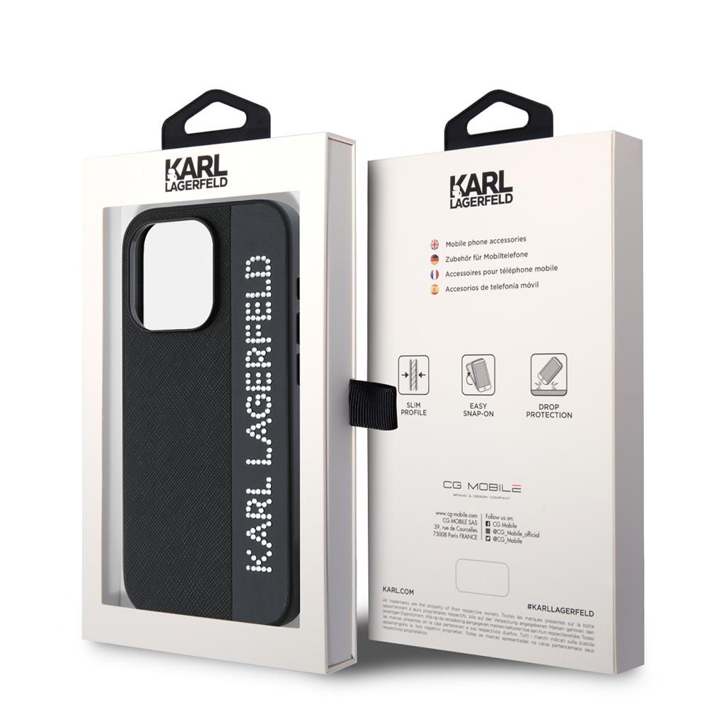 Apple iPhone 15 Pro Karl Lagerfeld PU Saffiano Rhinestone Charm tok (Fekete) – KLHCP15LPSAKDGCK