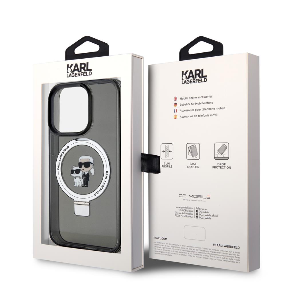 Apple iPhone 15 Pro Karl Lagerfeld Ringstand Karl and Choupette MagSafe tok (Fekete) – KLHMP15LHMRSKCK