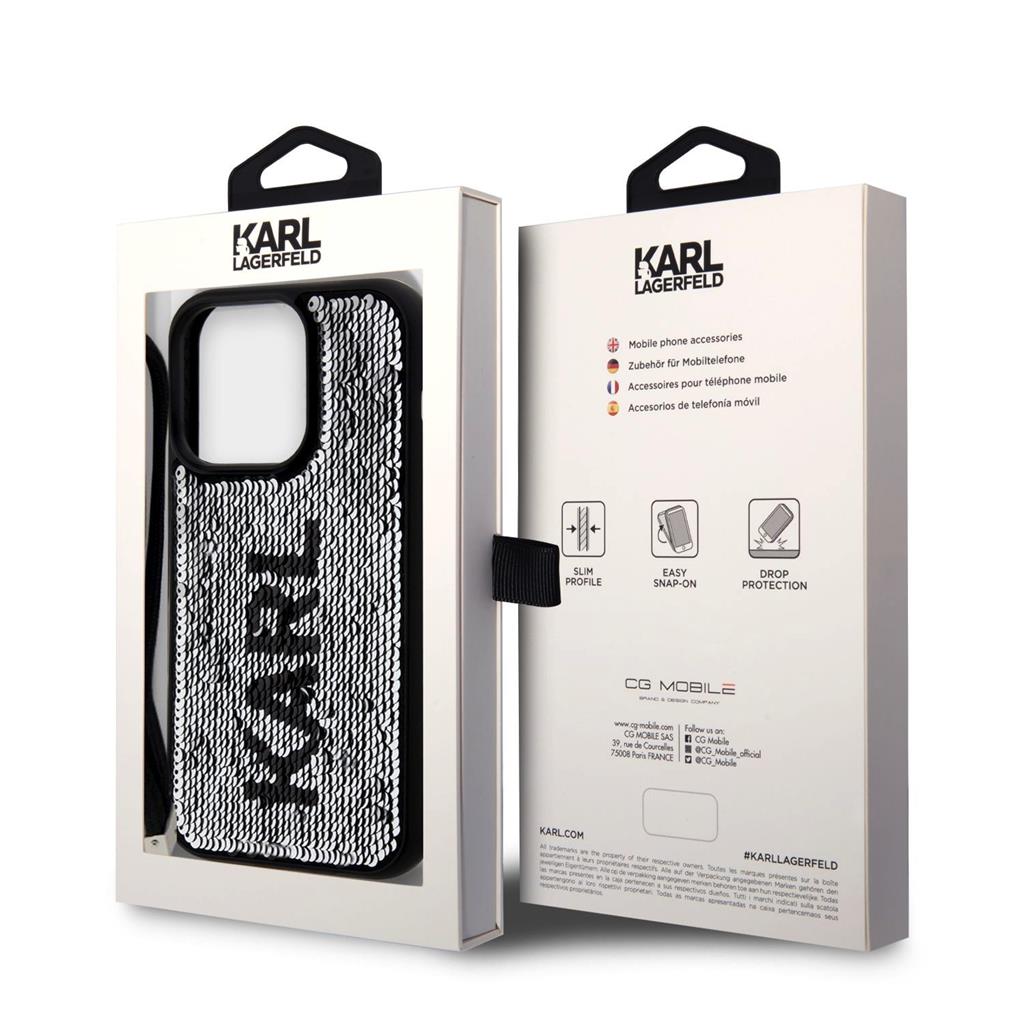 Apple iPhone 15 Pro Karl Lagerfeld Sequins Reversible tok (Fekete/Ezüst) – KLHCP15LPSQRKS