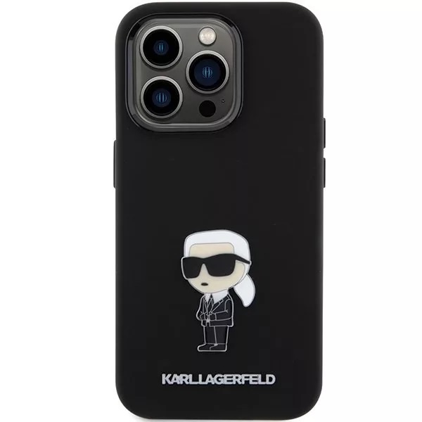 Apple iPhone 15 Pro Karl Lagerfeld Silicone Ikonik Metal Pin hátlap tok (Fekete - KLHCP15LSMHHKNPK)