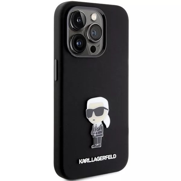 Apple iPhone 15 Pro Karl Lagerfeld Silicone Ikonik Metal Pin hátlap tok (Fekete - KLHCP15LSMHHKNPK)