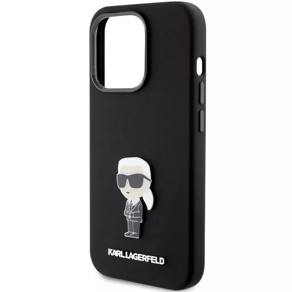 Apple iPhone 15 Pro Karl Lagerfeld Silicone Ikonik Metal Pin hátlap tok (Fekete - KLHCP15LSMHHKNPK)