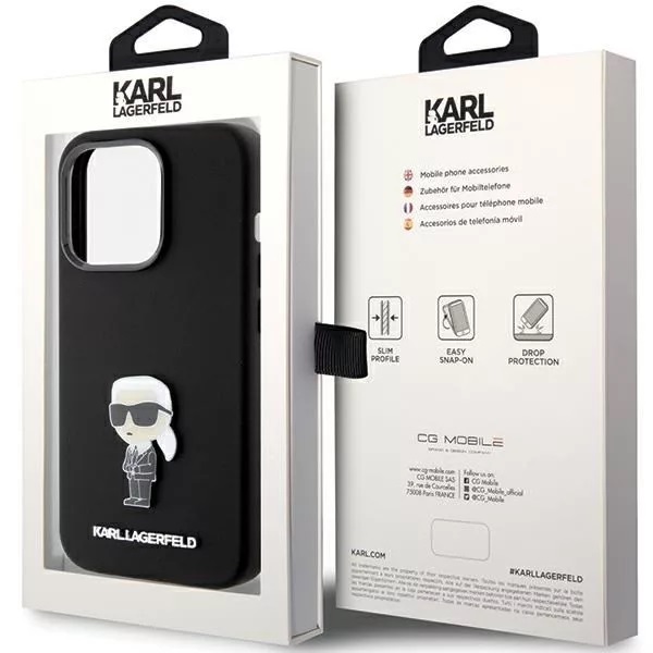 Apple iPhone 15 Pro Karl Lagerfeld Silicone Ikonik Metal Pin hátlap tok (Fekete - KLHCP15LSMHHKNPK)