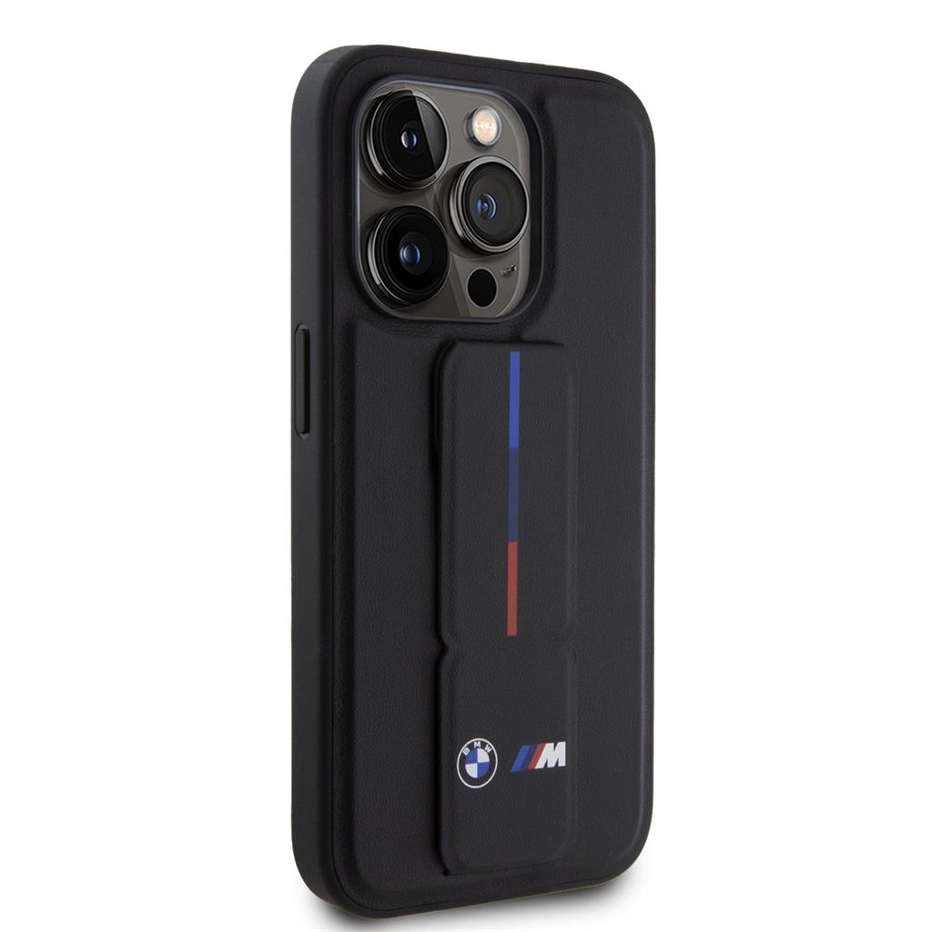Apple iPhone 15 Pro Max BMW M Collection PU Grip Stand tok – Tricolor Line (Fekete) - BMHCP15X22GSLK