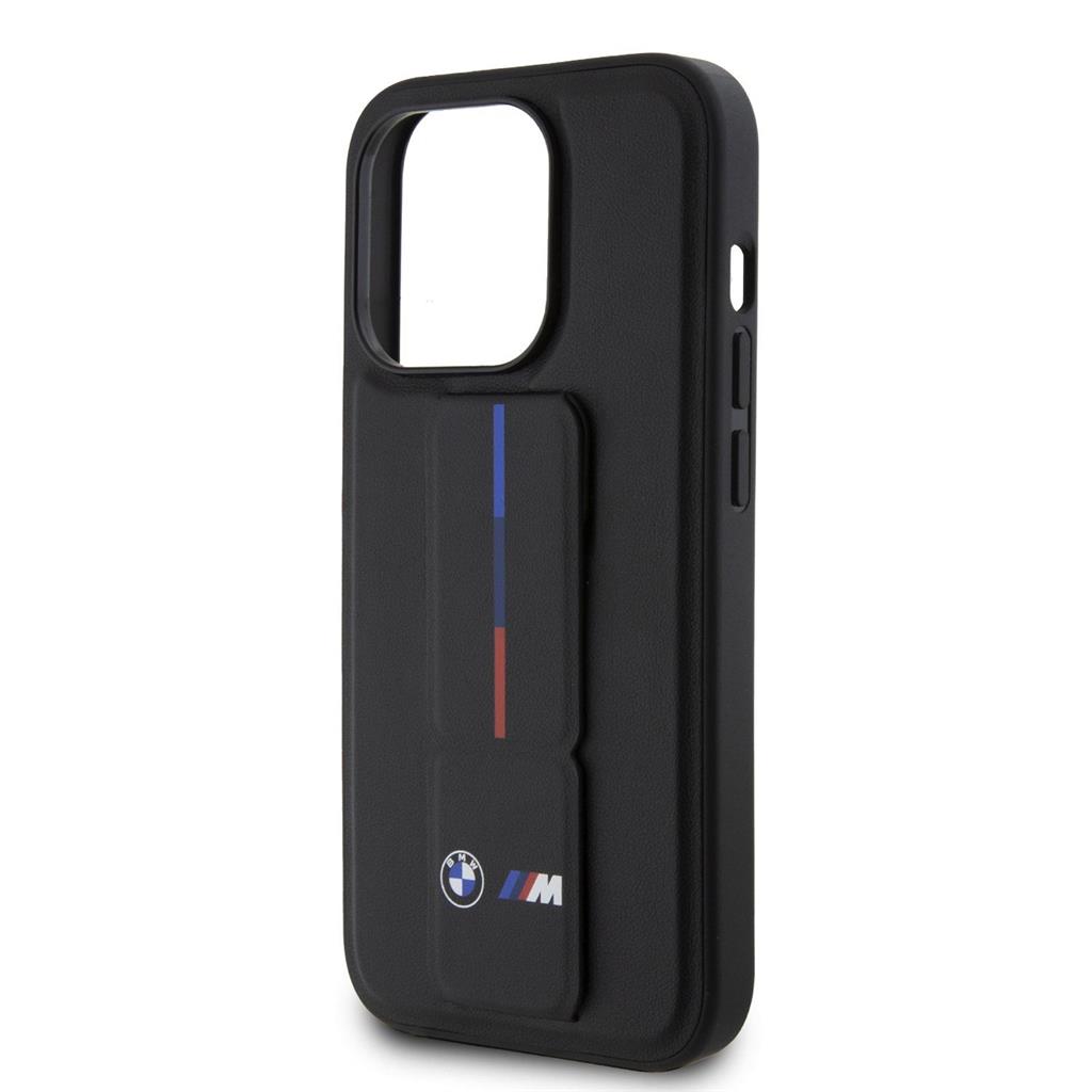 Apple iPhone 15 Pro Max BMW M Collection PU Grip Stand tok – Tricolor Line (Fekete) - BMHCP15X22GSLK