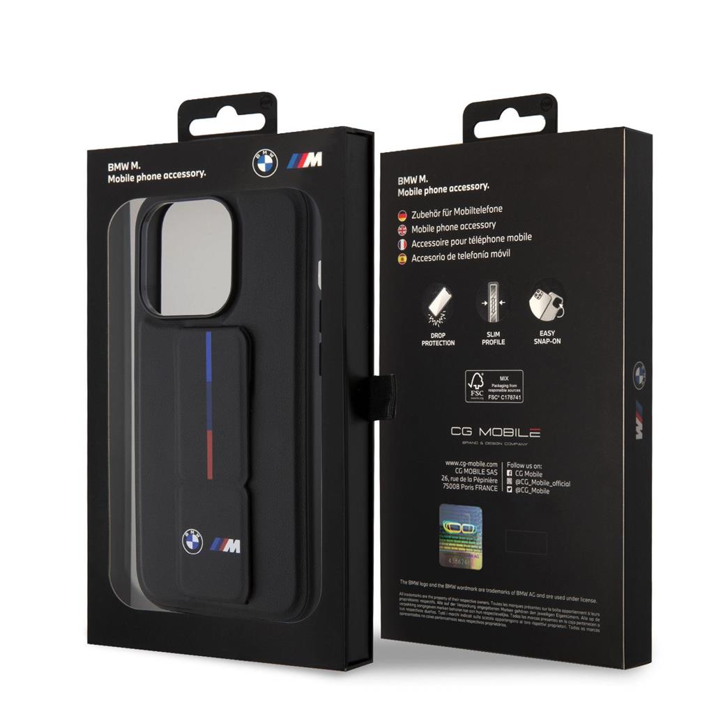 Apple iPhone 15 Pro Max BMW M Collection PU Grip Stand tok – Tricolor Line (Fekete) - BMHCP15X22GSLK