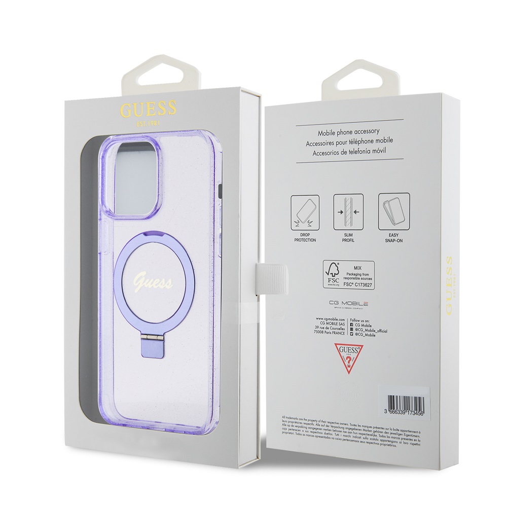 Apple iPhone 15 Pro Max Guess IML Ring Stand Glitter MagSafe tok (Lila) - GUHMP15XHRSGSU