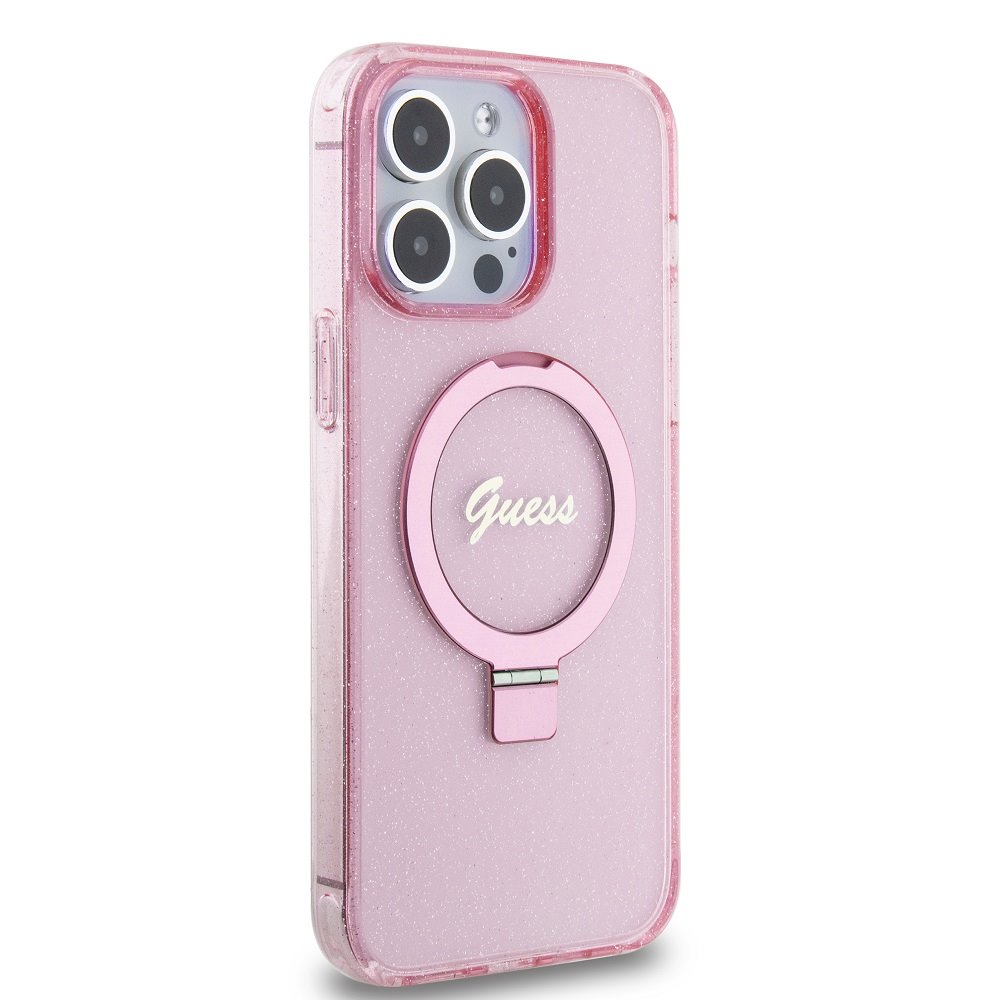 Apple iPhone 15 Pro Max Guess IML Ring Stand Glitter MagSafe tok (Rózsaszín) - GUHMP15XHRSGSP