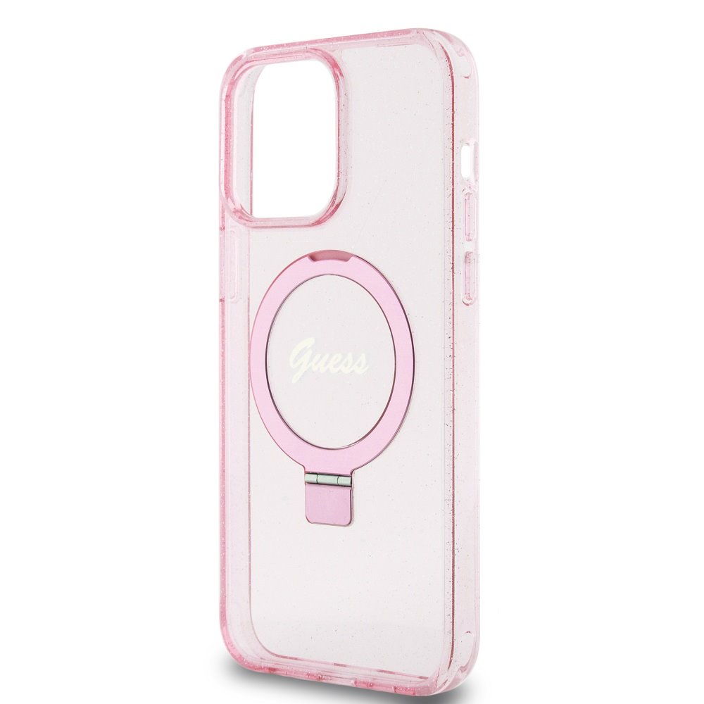 Apple iPhone 15 Pro Max Guess IML Ring Stand Glitter MagSafe tok (Rózsaszín) - GUHMP15XHRSGSP