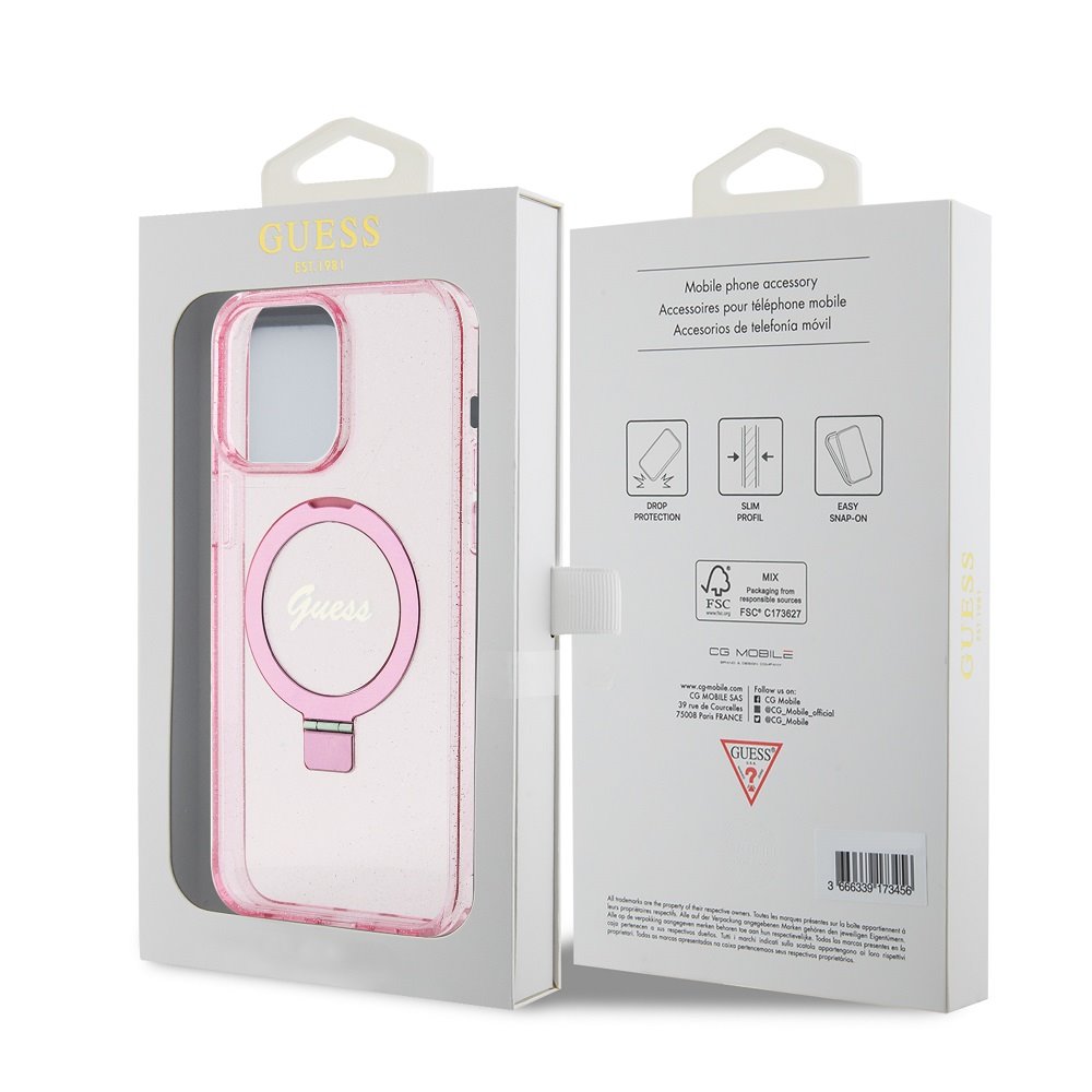 Apple iPhone 15 Pro Max Guess IML Ring Stand Glitter MagSafe tok (Rózsaszín) - GUHMP15XHRSGSP