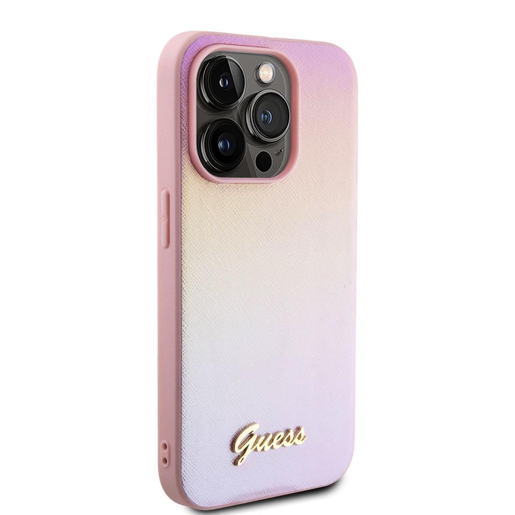 Apple iPhone 15 Pro Max Guess PU Leather Iridescent Metal Script tok (Rózsaszín) - GUHCP15XPSAIRSP